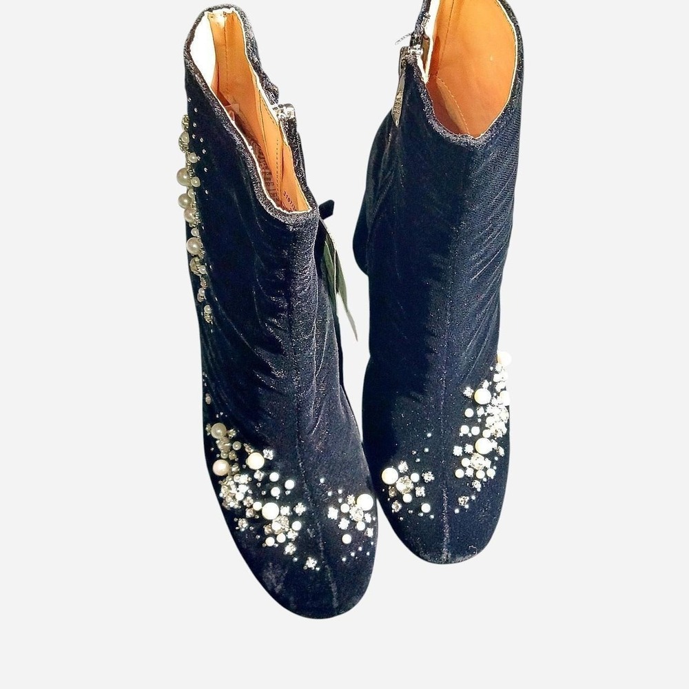 Black Zara velvet ankle boots with rhinestones and white pearl embellishments